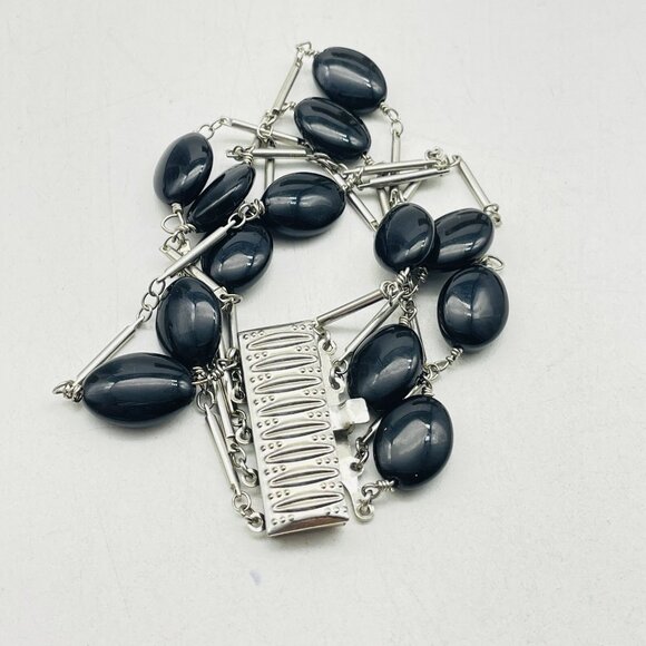 Multi Strand Silver Tone Bracelet Black Oval Cabochon Beads Statement Layered - Picture 3 of 8